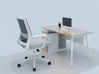 Modern Office Desk With Light Wooden Top White Legs Chair Computer Monitor And Pen Holder 3d model