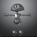 Silver Metallic Robot 3D Model With Big Eyes Outstretched Arms Legs And Dark Background