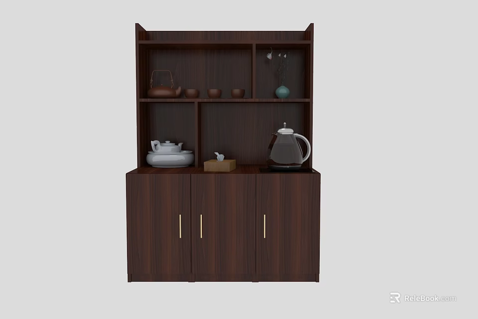 Elegant Dark Wood Bogu Shelf with Tea Sets Decorative Items and Golden Handle Cabinets 3d model 