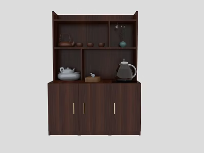 Elegant Dark Wood Bogu Shelf with Tea Sets Decorative Items and Golden Handle Cabinets 3d model