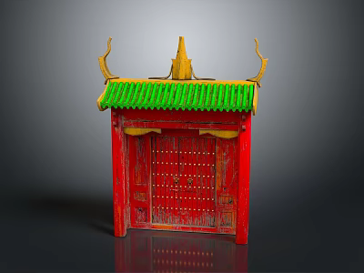 Traditional Chinese Red Entrance Gate With Green Tiled Roof And Golden Curved Eaves 3d model