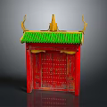 Traditional Chinese Red Entrance Gate With Green Tiled Roof And Golden Curved Eaves