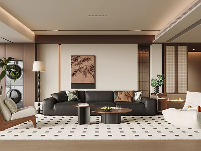 Modern Living Room Interior With Black Leather Sofa Wooden Table And Decorative Art 3d model