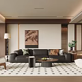 Modern Living Room Interior With Black Leather Sofa Wooden Table And Decorative Art