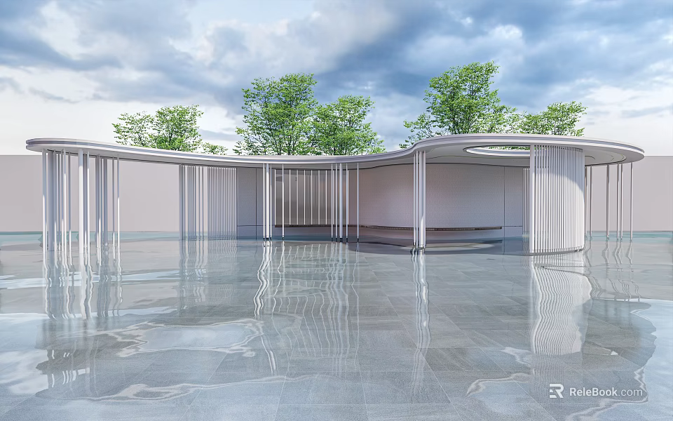 Modern Architecture With Reflective Pool Glass Curtain Wall Trees And Sky Reflection 3d model