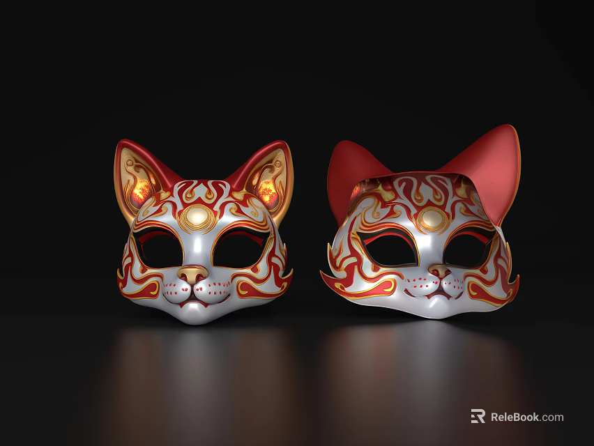 Ornate Cat Face Masks With Red Gold Patterns And Red Ears Design 3d model