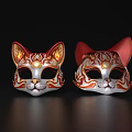 Ornate Cat Face Masks With Red Gold Patterns And Red Ears Design 3d model