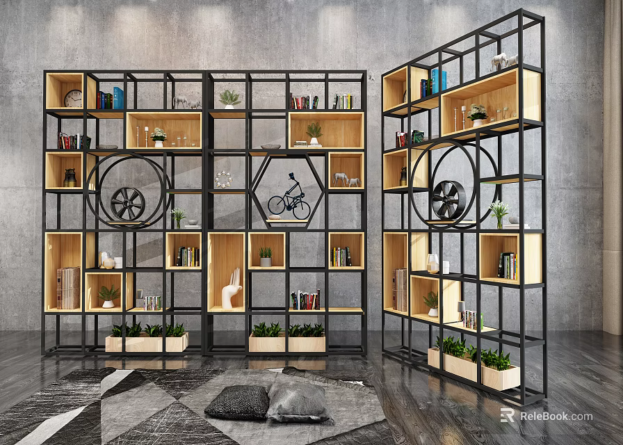 Modern Metal Frame Display Cabinet With Geometric Shelves Books Bicycle Model And Green Plants 3d model 