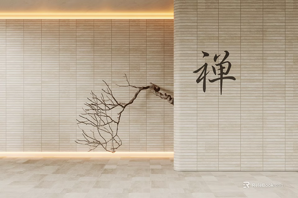 Zen Interior Design With Decorative Branch Simple Wall And Neutral Tones 3d model