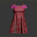 Stylish Red Dress With Pink Off The Shoulder Straps And Floral Print Design
