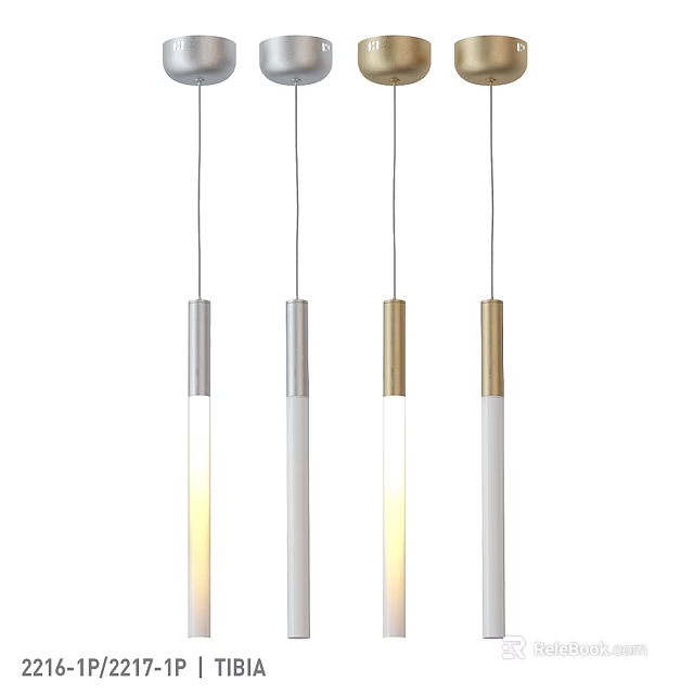 Four Modern Sleek Pendant Lights With Silver Gold White Cylindrical Design Illuminated 3d model 