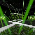 Modern Indoor Exhibition Space With Green Laser Beams White Platform Green Plants And Deer Models