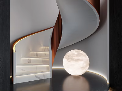 Modern Spiral Staircase With Marble Steps Copper Railing And Round Sphere Light 3d model