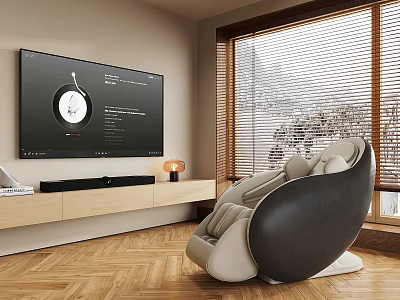 Beige Black Massage Chair in Modern Living Room with Large TV Wooden Stand Herringbone Floor 3d model
