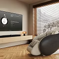 Beige Black Massage Chair in Modern Living Room with Large TV Wooden Stand Herringbone Floor