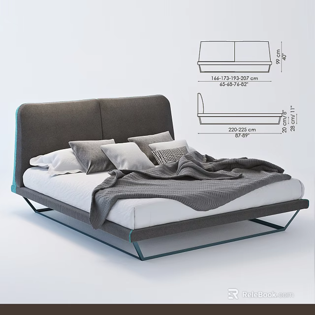 Modern Double Bed With Gray Headboard Blue Accent Metal Frame And Bedding 3d model 