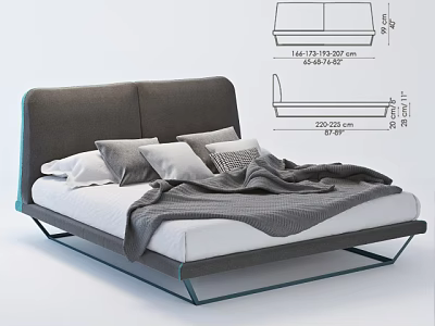 Modern Double Bed With Gray Headboard Blue Accent Metal Frame And Bedding 3d model