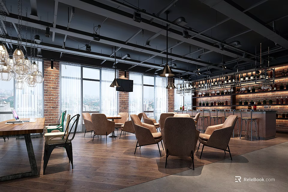 Stylish Restaurant Interior With Brick Walls Large Windows Chandeliers Bar Counter And Tables 3d model 