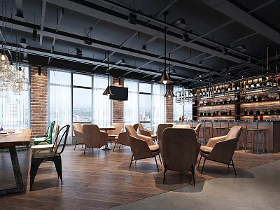 Stylish Restaurant Interior With Brick Walls Large Windows Chandeliers Bar Counter And Tables 3d model