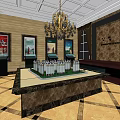 Elegant Sales Office Interior With Chandelier Display Table Wall Paintings And Cabinets