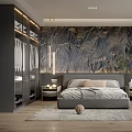 Modern Bedroom Interior With Mountain Textured Wall Gray Bed Wooden Nightstands And Area Rug