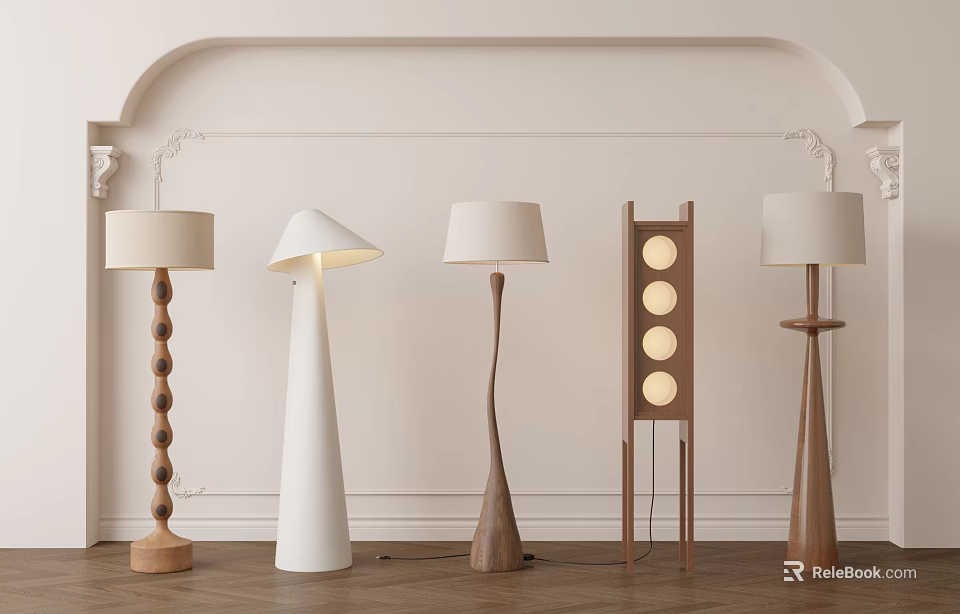 Various Design Floor Lamps In Living Room With Decorative White Wall And Wooden Floor 3d model 