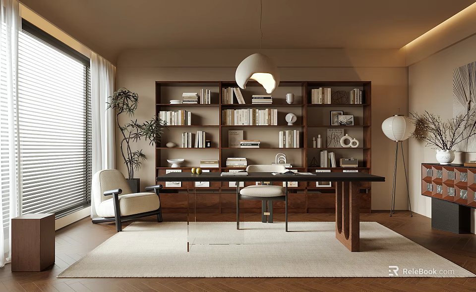Warm Study Room Interior With Wall Bookshelves Desk Chair Potted Plant And Hanging Lamp 3d model 