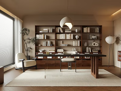 Warm Study Room Interior With Wall Bookshelves Desk Chair Potted Plant And Hanging Lamp 3d model