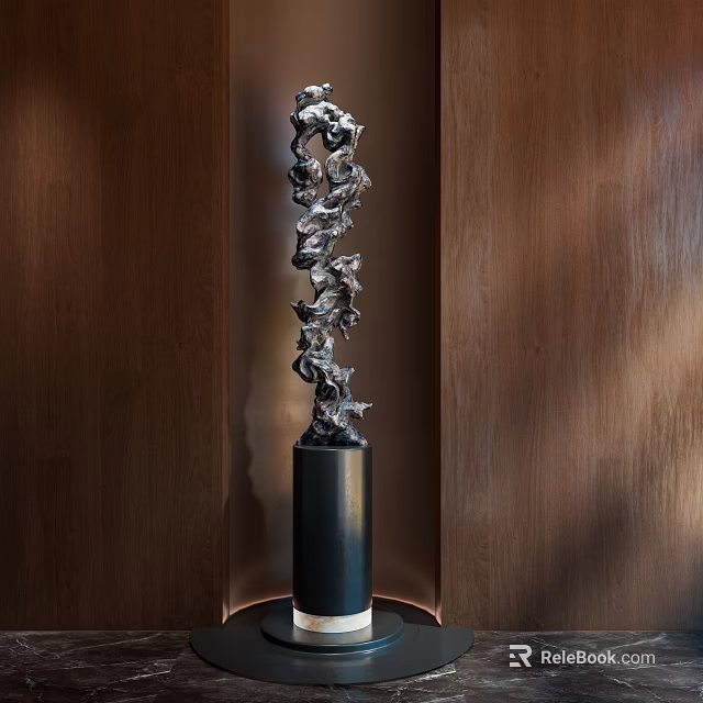 Abstract Silver Metal Spiral Sculpture On Black Pedestal With Wooden Wall Background 3d model 