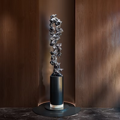 Abstract Silver Metal Spiral Sculpture On Black Pedestal With Wooden Wall Background 3d model