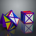 Two Colorful Rubik's Cubes With Different States Multicolored Faces And Geometric Patterns