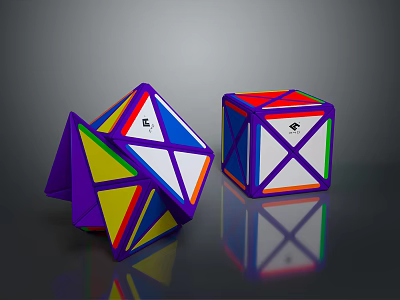 Two Colorful Rubik's Cubes With Different States Multicolored Faces And Geometric Patterns 3d model