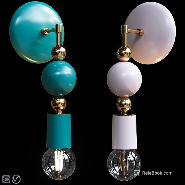 Modern Turquoise And White Wall Lamps With Golden Balls And Transparent Bulbs 3d model 