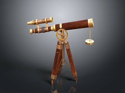 Vintage Telescope On Wooden Tripod With Wooden And Gold Metal Body And Small Golden Disc 3d model