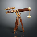 Vintage Telescope On Wooden Tripod With Wooden And Gold Metal Body And Small Golden Disc