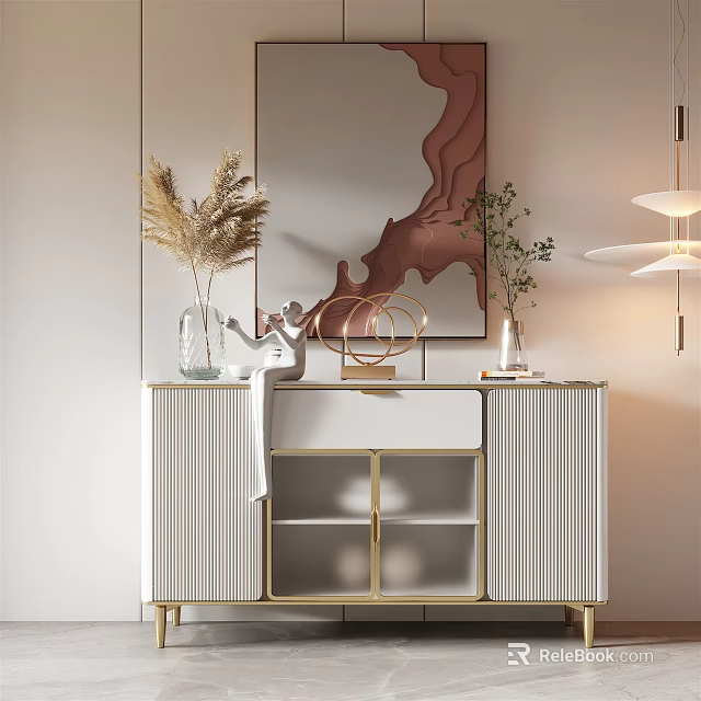 Modern Entryway Console Cabinet With Gold Frame Decorative Vase Dried Pampas And Wall Art 3d model 
