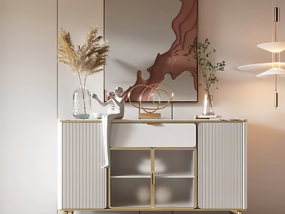 Modern Entryway Console Cabinet With Gold Frame Decorative Vase Dried Pampas And Wall Art 3d model