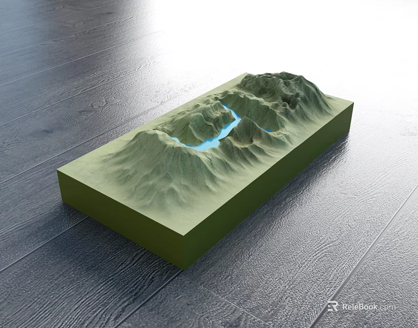 Green Mountain Terrain Commercial Equipment With Blue Water Flow Lines On Dark Wooden Floor 3d model 