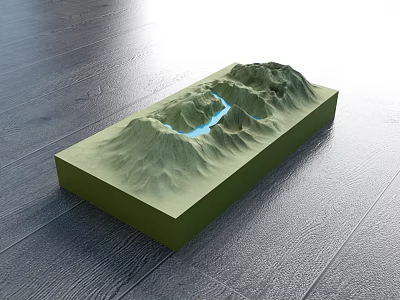 Green Mountain Terrain Commercial Equipment With Blue Water Flow Lines On Dark Wooden Floor 3d model