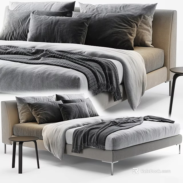 Modern Minimalist Double Bed With Gray Pillows Soft Blanket And Side Table 3d model 