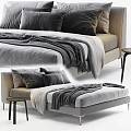 Modern Minimalist Double Bed With Gray Pillows Soft Blanket And Side Table 3d model
