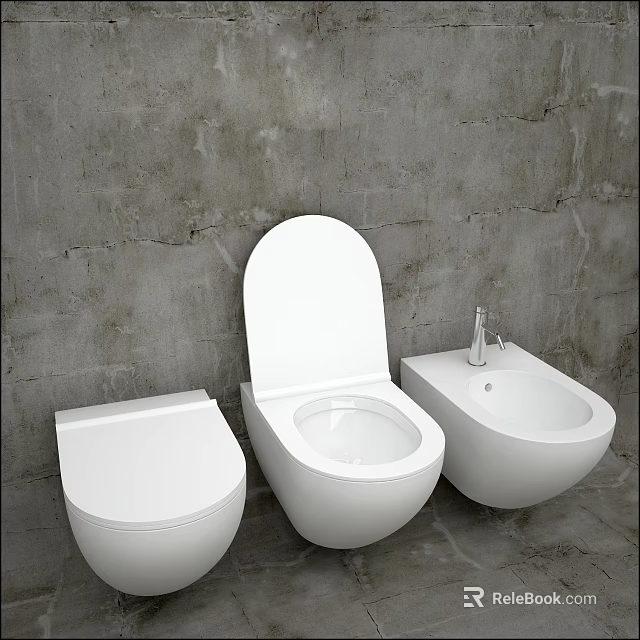 Three Modern White Toilets with Open Lid Against Gray Concrete Wall 3d model