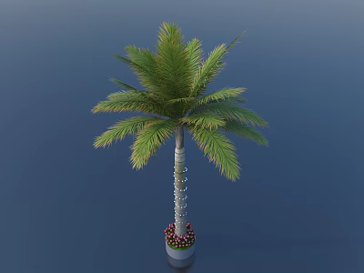 Green Palm Tree with Lush Fronds Textured Trunk in Decorative Pot and Red Flowers 3d model