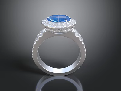 Luxury Silver Ring With Oval Blue Gemstone And Sparkling Diamonds Intricate Band 3d model