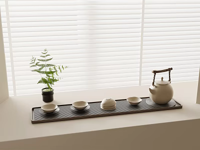 Bonsai Plant on Windowsill with Tea Set Teapot and Cups Near Window Blinds 3d model
