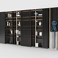 Modern Black Wood Bookcase Featuring Multiple Shelves Decorative Items And Gold Accents