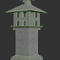 Outdoor Stone Pillar Lantern With Pagoda Style Top And Illuminated Windows