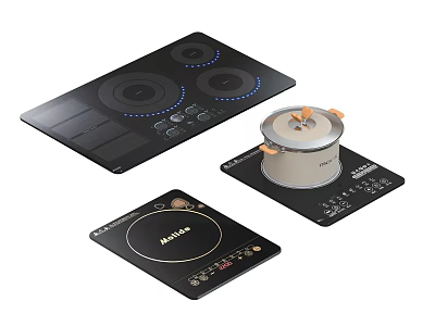 Modern Black Kitchen Induction Cooktops And Electric Hob Appliances With Pot On Countertop 3d model