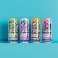 Colorful Canned Drinks With Various Flavors And Bright Designs On Blue Background