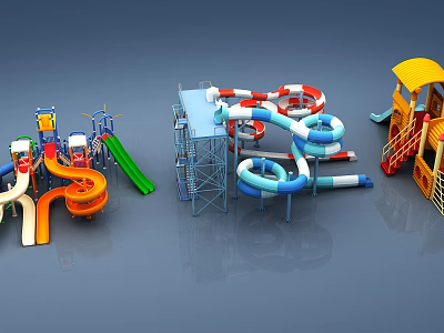 Kids Combination Playground Equipment Featuring Colorful Slides Tube Slides And Green Orange Blue Elements 3d model